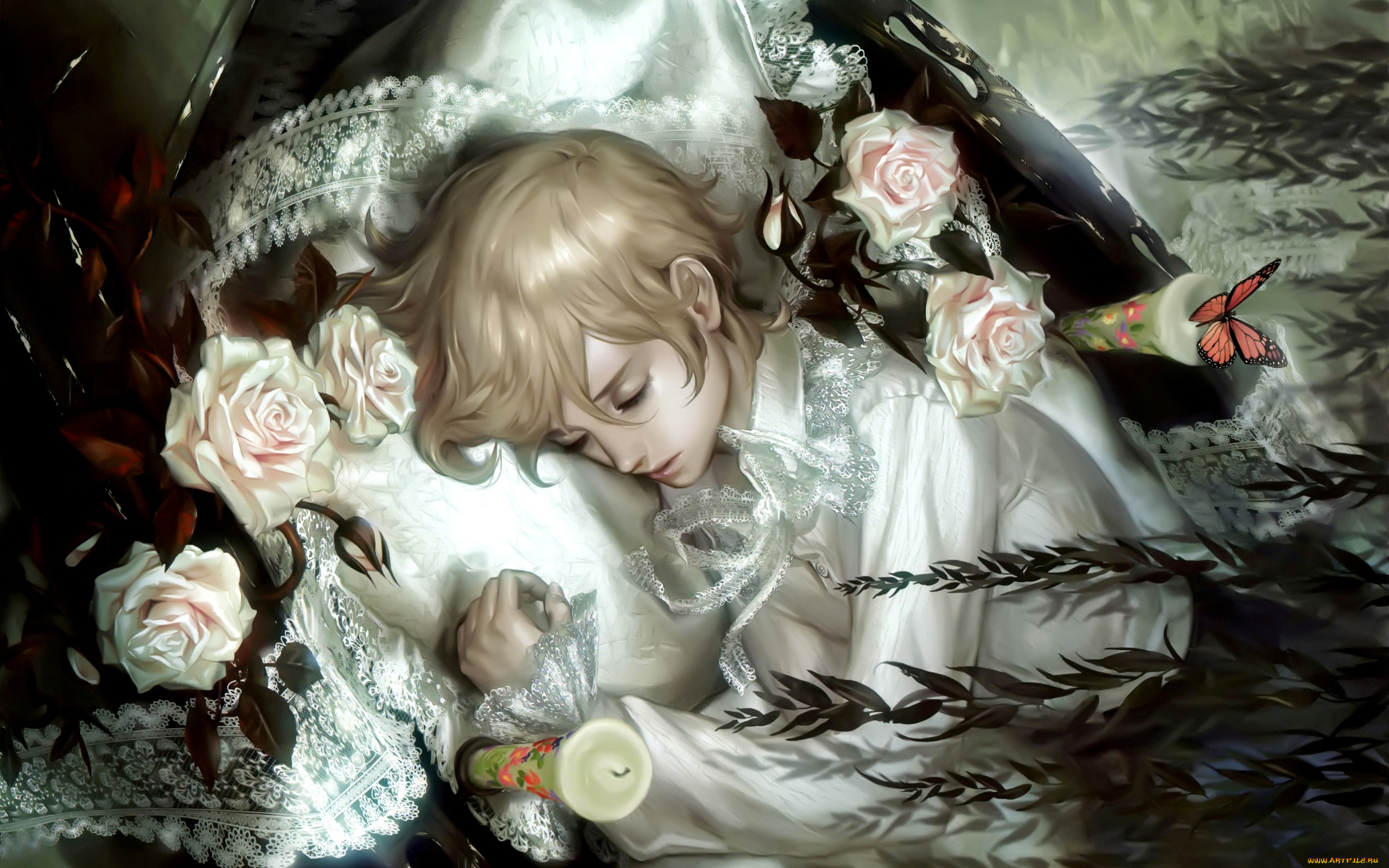 , , sleeping, boy, fantasy, , , art, midori, foo, , , , pink, roses, flowers, butterfly, candles, fairytale, , 